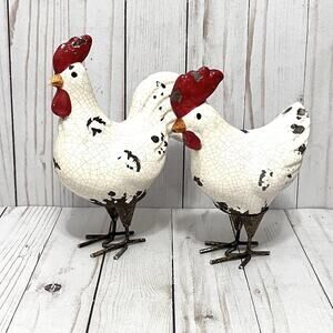 Rustic Farmhouse Ceramic Rooster & Hen White Red Vintage Style with Metal Legs